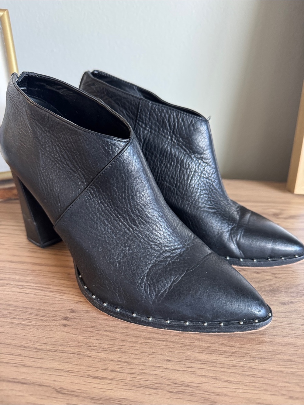 Vince Camuto Black Leather Pointed Toe Studded Block Heel Booties